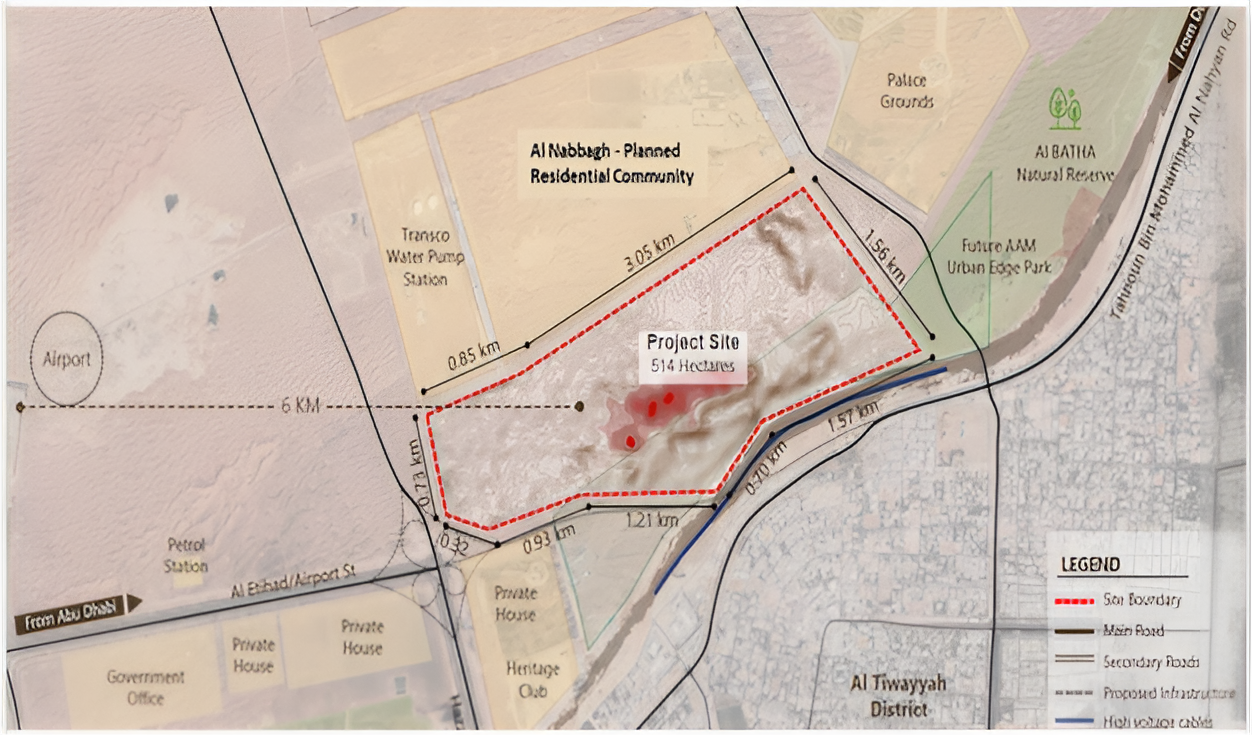 Map of the Al Metlaa project site in the Al Ain region. A red dashed line outlines the area, labelled as 514 hectares, with surrounding roads and areas shown.