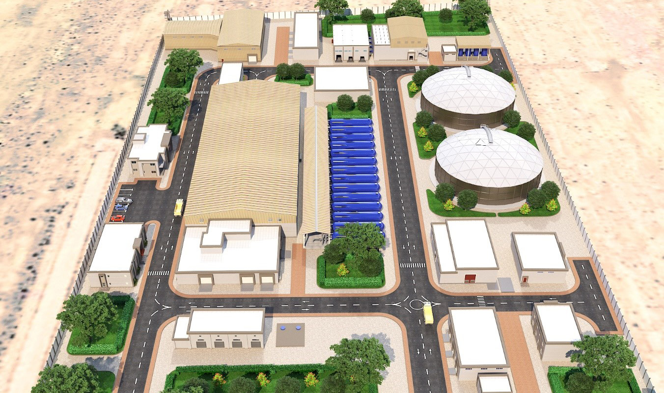 3D-Visualisierung der SWRO-Meerwasserentsalzungsanlage Al-Arish mit Prozessgebäuden und Speichertanks.