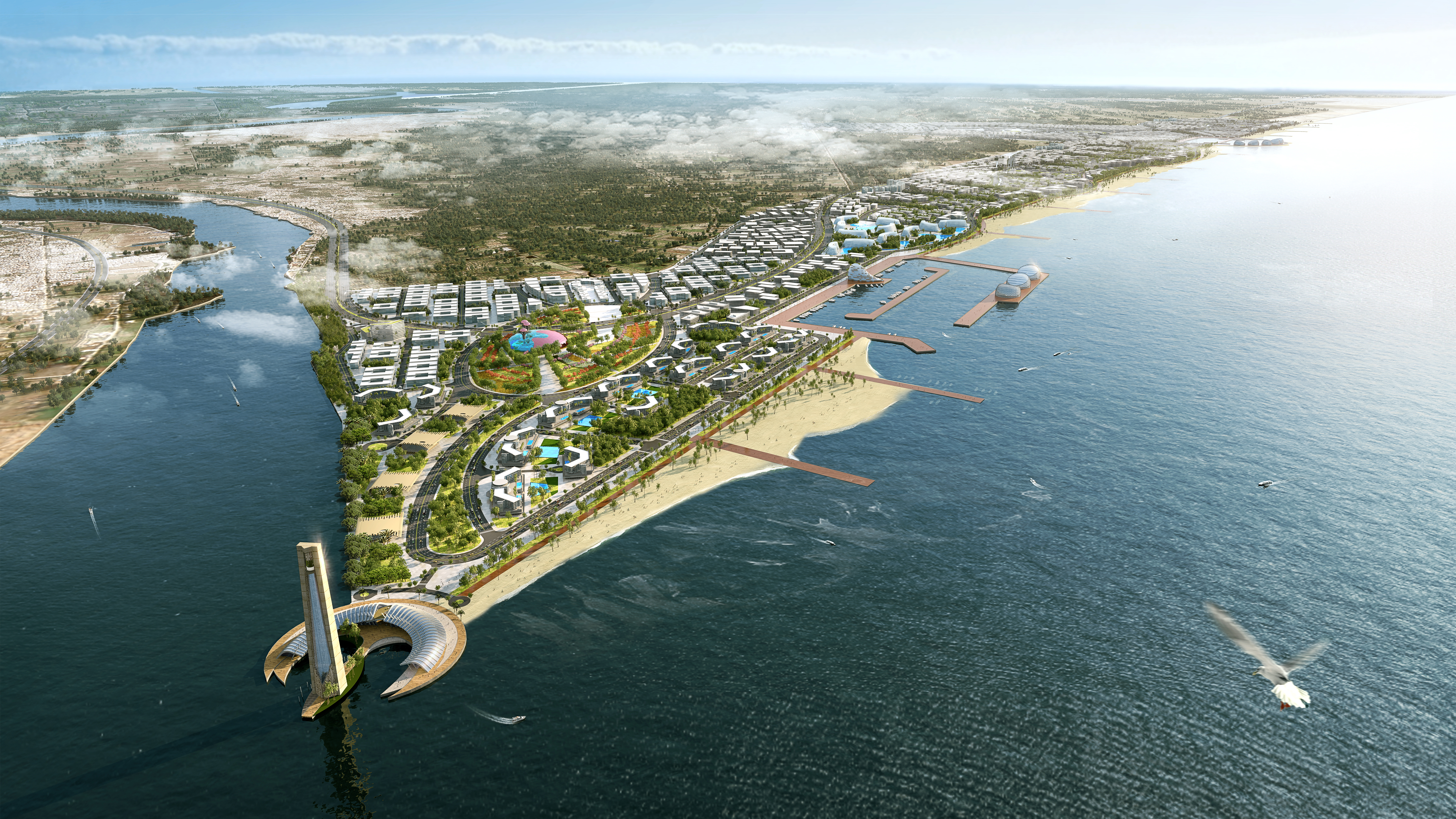 Vogelperspektive auf die geplante New Rosetta City mit Wohnquartieren, Grünanlagen, Marina und markantem Turm zwischen Fluss und Meer.