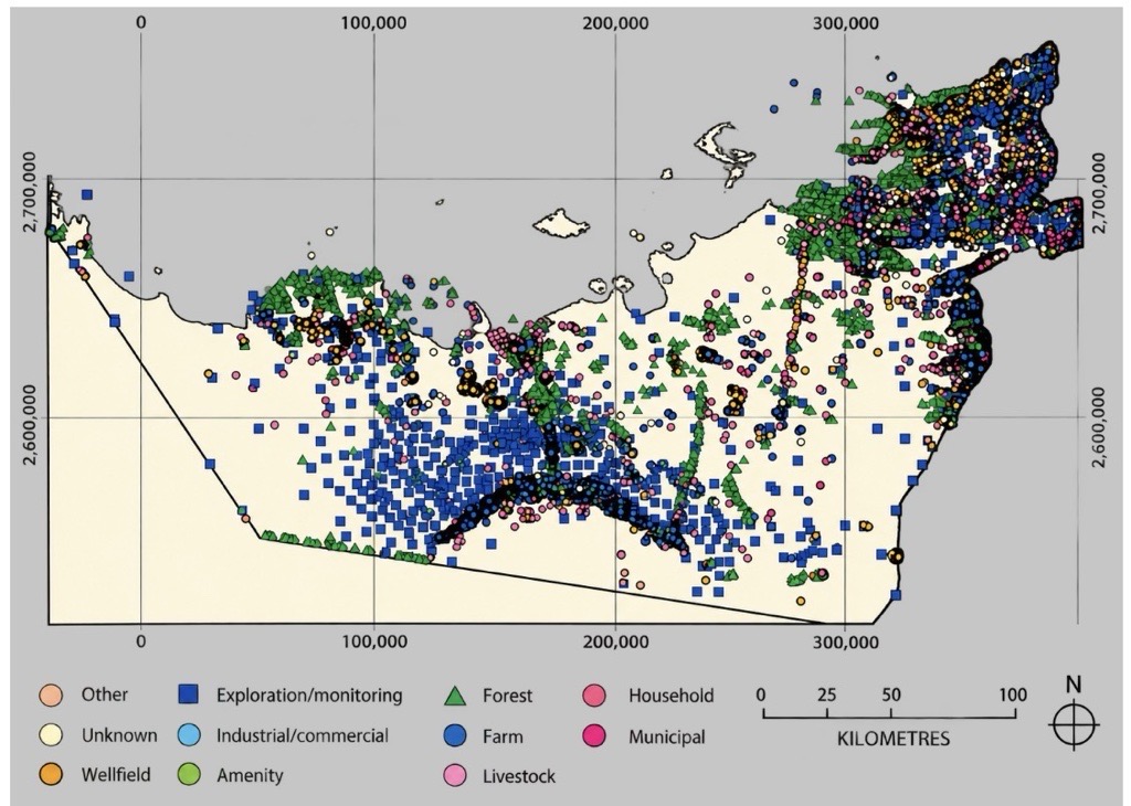 Map of the Emirate of Abu Dhabi showing groundwater sites marked by coloured symbols and grouped into categories including exploration and monitoring, wellfields, farms and households.