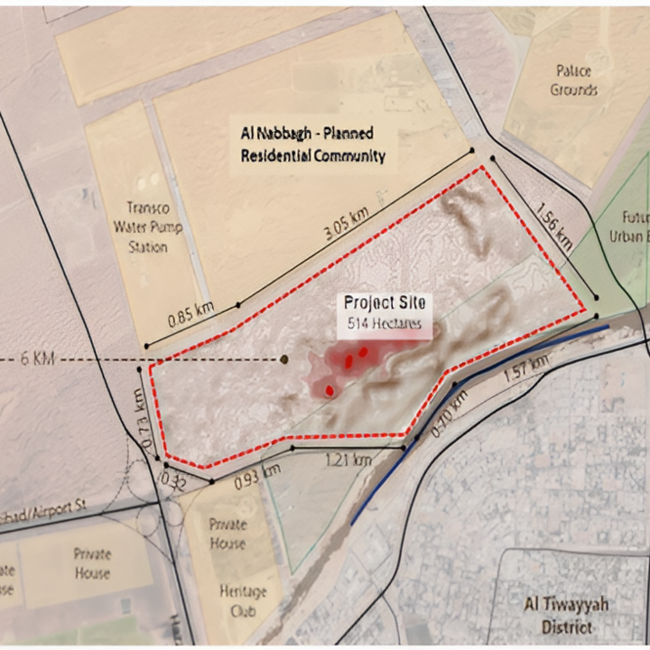 Map of the Al Metlaa project site in the Al Ain region. A red dashed line outlines the area, labelled as 514 hectares, with surrounding roads and areas shown.