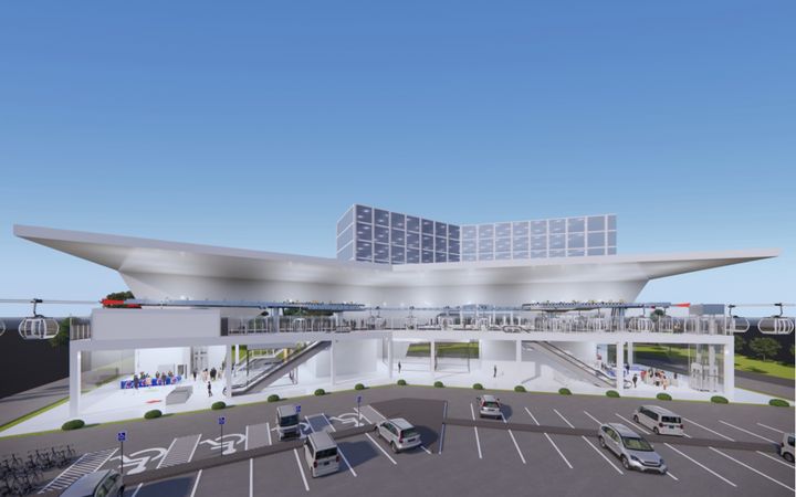 Visualisierung einer barrierefreien Rampe und Fußgängerbereiche an einer Seilbahnstation zur Anbindung an die MRT Line 4 in Manila