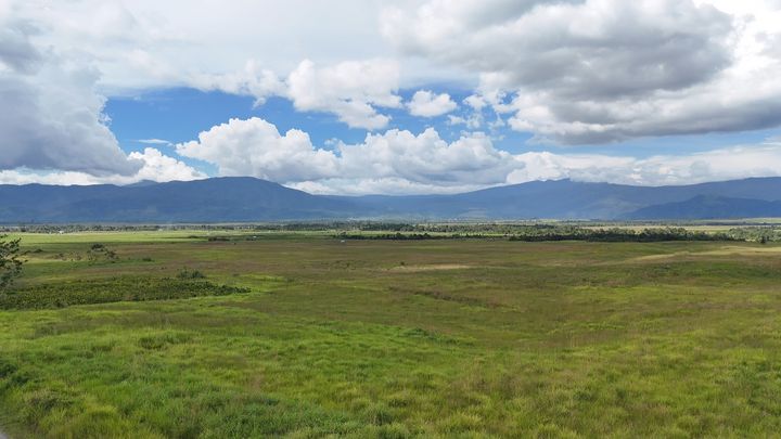 (c) Bernd Unger Green, wide landscape with white clouds in the sky in Lore Lindu Bosphere, Sulawesi, Indonesia.