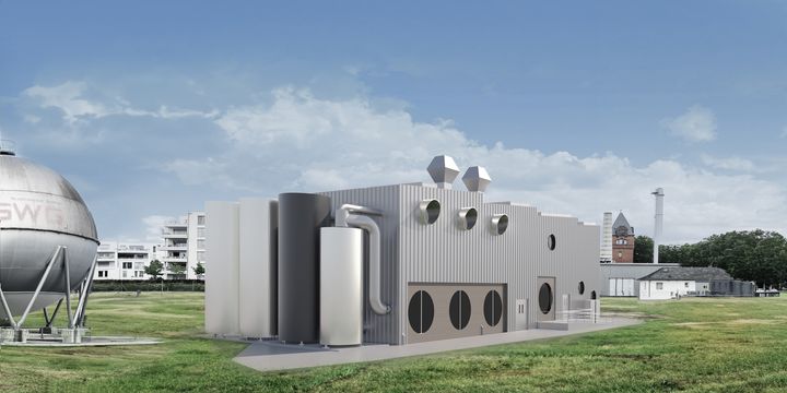 Visualisierung des geplanten PowerLahn-Technikgebäudes mit Rohrleitungen und Speichertanks neben dem bestehenden Kugelgasbehälter.