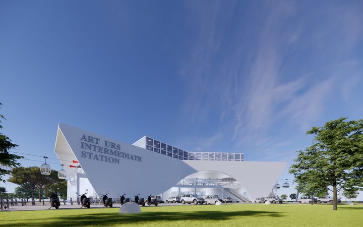 Visualisierung einer intermodalen Seilbahnstation mit Parkplätzen, Rolltreppen und direktem Anschluss an die geplante MRT Line 4 in Manila